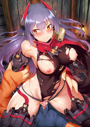 1boy 1girls absurdres android bangs bare_shoulders black_gloves black_legwear black_leotard blush breasts breasts_out censored closed_mouth clothed_sex covered_navel cowgirl_position elbow_gloves eyebrows_visible_through_hair female gloves hair_between_eyes headgear highleg highleg_leotard highres large_breasts leotard long_hair looking_back m-da_s-tarou mosaic_censoring nintendo nipples nopon orange_eyes penis poppi_(xenoblade) poppi_qtpi_(xenoblade) purple_hair pussy red_scarf scarf sex smile solo_focus spoilers spread_legs straddling straight sweat thighhighs tora_(xenoblade) torn_clothes torn_leotard vaginal_penetration xenoblade_(series) xenoblade_chronicles_2