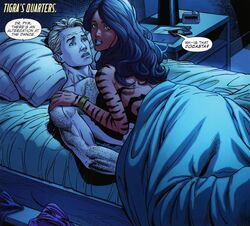 1boy 1girls ant-man ant-man_(series) avengers_academy female female_on_top hank_pym human interrupted jeromy_cox light-skinned_male light_skin male marvel marvel_comics official_art on_bed scott_hanna sean_chen tigra