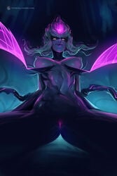 1girls areolae bbc-chan big_breasts breasts demon demon_girl evelynn female female_only large_breasts league_of_legends looking_at_viewer monster_girl nipples pussy simple_background solo spread_legs succubus