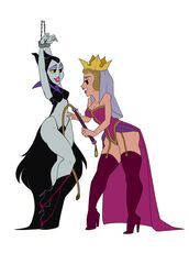 2girls armpits arms arms_up blonde_hair bondage breasts bunnox chains cleavage crown dabunnox disney disney_villains female female_only high_heel_boots high_heels horns legs lipstick maleficent mother multiple_girls queen queen_leah royalty sleeping_beauty_(1959_film) whip witch yuri