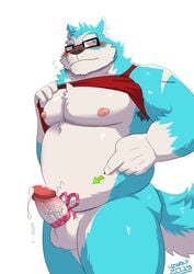 2019 absurd_res anthro balls blue_body blue_fur blush bodily_fluids canid canine canis cum erection eyewear fur genital_fluids glasses hi_res humanoid_hands male male_only mammal overweight overweight_male penis simple_background solo v2wolf white_background white_body white_fur wolf