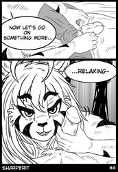 absurd_res anthro asriel_dreemurr bondage comic deep_throat felid feline female hair hi_res line_art mammal oral penis sady sex sharperit shiny undertale video_games