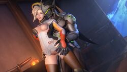 1boy 1girls 3d alvarina breasts breasts_grab female from_behind genji hand_on_hip human male mercy nipples overwatch penetration penis pussy sex standing standing_sex