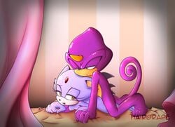 apinkgrape blaze_the_cat breasts espio_the_chameleon grabbing_sheets hairgrape male_on_top naked nipples on_bed sex sonic_(series)