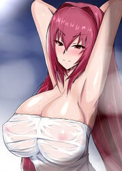 armpits arms_up eyebrows_visible_through_hair fate/grand_order fate_(series) female huge_breasts jiseki long red_eyes red_hair scathach_(fate) see-through solo wet wet_towel