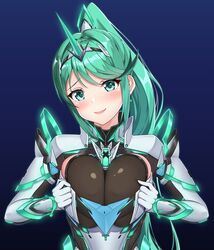 1girls armor blue_background blush breasts closed_eyes earrings elbow_gloves eyebrows_visible_through_hair female gem gloves glowing gradient gradient_background green_eyes green_hair hair_ornament headpiece jewelry large_breasts looking_at_viewer naughty_face nintendo nipples open_mouth pervert pneuma_(xenoblade) ponytail shoulder_armor solo spoilers sssemiii tiara tongue tongue_out xenoblade_(series) xenoblade_chronicles_2