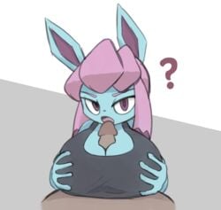 1boy 1girls 2019 ? anthro big_breasts blue_body blue_fur breasts canine clothed clothed_female_nude_male clothing duo eeveelution eye_contact female female_focus fur furry glaceon hair half-closed_eyes hi_res hsp looking_at_viewer male mammal nintendo open_mouth original_character paizuri penis pink_hair pokémon_(species) pokemon pokemon_dppt pov purple_eyes purple_fur simple_background solo_focus straight video_games