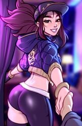 1girls akali alternate_costume ass blushypixy blushyspicy bubble_butt female k/da_akali k/da_series league_of_legends looking_at_viewer looking_back solo_focus unknown_character