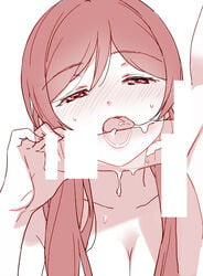 1boy bar_censor blush breasts censored cleavage collarbone deyuuku fellatio female half-closed_eyes holding licking licking_penis long_hair love_live! love_live!_school_idol_project monochrome nude oral penis saliva scrunchie straight sweat tongue toujou_nozomi transparent twintails