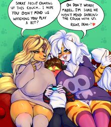 age_difference anthro big_breasts breasts buxbi_(character) canid canine chrome_(chromefox) chromefox dialogue dogmom felid female hi_res huge_breasts mabel_(cherrikissu) male mammal mature_female no_underwear older_female pantherine pussy speech_bubble straight tiger younger_male