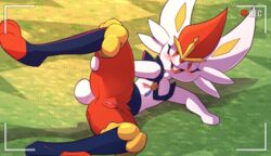 2019 anthro anus blush buckteeth cinderace close-up d-wop female fur hi_res lagomorph looking_at_viewer mammal nintendo open_mouth orange_body orange_eyes orange_fur pokémon_(species) pokemon pokemon_ss presenting presenting_pussy pussy solo spread_legs spreading teeth video_games white_body white_fur