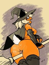 anthro ass big_breasts big_butt black_legwear breasts broom broom_riding cape chromefox female hi_res looking_back magic_user mammal pussy raised_tail stockings witch witch_hat