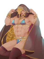 abs ambush_(trap) androgynous beelzebub_(granblue_fantasy) bikini blonde_hair braid bulge cape cleavage granblue_fantasy hair_over_one_eye jewelry long_hair male male_only muscles muscular_male muscular_trap oketan pecs red_eyes solo tantan trap