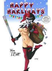 1girls areolae athletic bag baseball_bat batman_(series) big_breasts breasts busty christmas condom dc dc_comics dialogue female female_focus female_only fit fit_female harley_quinn harley_quinn_(classic) hourglass_figure lipstick medium_breasts navel nipples pinup pose posing pussy ribs sex_toy shaved_pussy solo speech_bubble standing tagme tcatt text vagina wide_hips