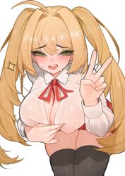 bent_over blonde_hair cleavage erection_under_clothes fate_(series) female green_eyes huge_breasts long_hair looking_at_viewer nero_claudius_(fate) open_mouth rabbit_(wlsdnjs950) solo twintails v wet wet_clothes white_background