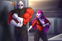 ass_slap blue_skin blush breasts bulge clothed clothed_female clothed_male clothing cocotte dragon_ball dragon_ball_super earrings erect_nipple female jiren male muscular muscular_male nipple open_mouth pink_hair pointy_ears short_hair unknown_artist yellow_eyes