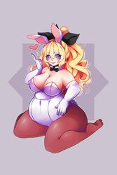 bare_shoulders bbw big_belly big_breasts bowtie bunny_ears bunnysuit chubby cleavage clothed clothing detached_collar gloves hair_tie heart katawa_shoujo kneeling long_hair nipple_bulge pantyhose satou_lilly simple_background thick_thighs wosda