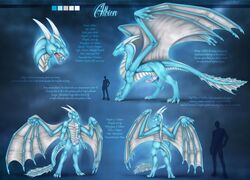 2020 4_toes 5_fingers albion anthro blue_background blue_body blue_eyes blue_skin claws dragon feral fingers horn male membrane_(anatomy) model_sheet open_mouth scales scalie selianth simple_background solo text toes western_dragon wings