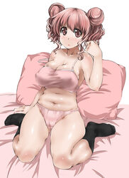 1girls abubu bed belly black_legwear blush bra breasts camisole cleavage double_bun erect_nipples female footwear hidamari_sketch hiro large_breasts lingerie panties pillow pink_bra pink_eyes pink_hair pink_panties plump red_eyes red_hair short_hair sitting socks solo strap_slip underwear white_background