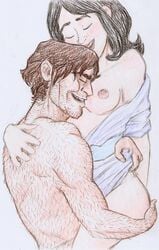 1boy 1girls artist_request bigby_wolf black_hair breasts brown_hair closed_eyes colored_sketch dc fables fairy_tales female hairy_male light_skin male nipples snow_white_(fables) snow_white_(fairy_tales) snow_white_(grimm) vertigo_comics