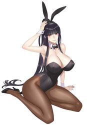 animal_ears arm arm_support armpits bare_arms bare_shoulders black_bow black_hair black_leotard black_nails blush bow bowtie breasts brown_legwear brown_pantyhose bunny_ears bunny_girl bunny_tail bunnysuit choker cleavage closed_mouth damegane detached_collar erect_nipples erect_nipples_under_clothes eyebrows_visible_through_hair fake_animal_ears female full_body hand_on_head hand_on_own_head high_heels high_resolution hime_cut huge_breasts kneeling large_breasts legs leotard lidia_(damegane) lips long_hair looking_at_viewer nail_polish neck nipples one_arm_up orange_eyes original pale_skin pantyhose ponytail red_eyes ribbon seiza shiny shiny_hair shoes sidelocks sitting smile solo strapless strapless_leotard tail thick_thighs thighs tied_hair white_background wide_hips wrist_cuffs