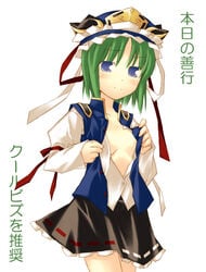 1girls blue_eyes breasts eiki_shiki female green_hair hat open_clothes open_shirt plastic_erazer ribbon ribbons shirt short_hair skirt solo touhou vest