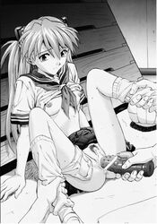 asuka_langley_sohryu breasts clothes clothing dildo female human izurumi loose_socks monochrome neon_genesis_evangelion panties panties_around_one_leg panty_pull pointy_chin pubic_hair school_uniform skirt small_breasts socks underwear