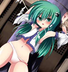 armpits arms_up benerokku detached_sleeves female female_only green_eyes green_hair human japanese_clothes long_hair midriff miko panties sanae_kochiya shrine solo touhou underwear