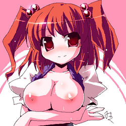 1girls breasts female hair_bobbles huge_breasts komachi_onozuka large_breasts lowres miuku_(marine_sapphire) nipples red_eyes red_hair short_hair smile solo touhou