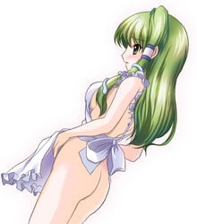 apron ass blush breasts female female_only flat_ass green_eyes green_hair human long_hair naked_apron no_ass ponytail sanae_kochiya sideboob simple_background snake solo tied_hair touhou yamaguchi_takashi yamaguchi_yuu