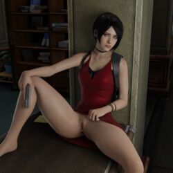 3d ada_wong ada_wong_(adriana) asian asian_female avstral black_hair blender brown_eyes capcom female female_only firearm gun handgun no_panties open_legs pistol pussy red_dress resident_evil resident_evil_2 resident_evil_2_remake shaved_pussy short_hair solo weapon