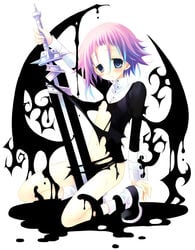 blue_eyes blush crona_(soul_eater) flat_chest multicolored_hair nipples nude purple_hair ragnarok_(demon_sword) sakurazawa_izumi short_hair soul_eater sword torn_clothes weapon