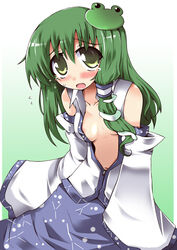 areolae blush breasts female female_only human navel nipple_slip nipples open_clothes open_shirt sanae_kochiya shirogane_(platinum) shirt solo tear touhou