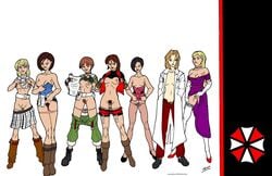 2004 6+girls 7girls ada_wong ada_wong_(caroline_ribeiro) alexia_ashford annette_birkin artist_name ashley_graham ashley_graham_(brooke_elizabeth_mathieson) capcom claire_redfield color colored dated female female_only garter_straps human human_only jill_valentine jill_valentine_(julia_voth) kyle_twilight labcoat miniskirt multiple_females multiple_girls panties_down rebecca_chambers resident_evil resident_evil_0 resident_evil_2 resident_evil_3 resident_evil_4 resident_evil_code_veronica shirt_lift shorts signature skirt uncensored undressing