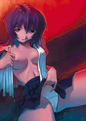 1girls blue_hair breasts clothes clothing female female_only gainax highres human kobayashi_yuji kobayashi_yuuji medium_breasts neon_genesis_evangelion no_bra open_clothes open_shirt pale-skinned_female pale_skin panties rei_ayanami school_uniform seifuku serafuku shirt short_hair sitting skirt skirt_lift solo underwear