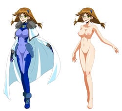 blue_bodysuit bodysuit breasts brown_hair cape censored female glasses highres ichimedoo jpg legs lyrical_nanoha mahou_shoujo_lyrical_nanoha mahou_shoujo_lyrical_nanoha_strikers nude number numbers numbers_(nanoha) quattro smile tied_hair twintails white_background yellow_eyes