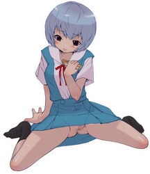 1girls blue_hair blush censored clothes clothing eyewear female female_only footwear glasses hair holding holding_glasses inuburo neon_genesis_evangelion no_panties red_eyes rei_ayanami school_uniform serafuku short_hair sitting skirt socks solo spread_legs