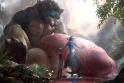 absurd_res anthro ball_size_difference balls bat big_balls big_penis blue_body blue_fur bodily_fluids canid canine canis duo fur genital_fluids genitals geordie_79 group hi_res huge_balls huge_cock hyper hyper_balls hyper_genitalia hyper_penis macro male mammal micro muscular muscular_anthro muscular_male penis penis_size_difference plant precum size_difference spectrumshift tail tongue tongue_out touching_penis tree trio water wolf xander_(spectrumshift)