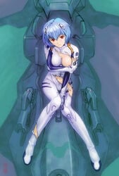 1girls blue_hair breast_slip breasts clothes clothing cockpit entry_plug erect_nipples erect_nipples_under_clothes female female_only hair highres kobayashi_yuji kobayashi_yuuji medium_breasts neon_genesis_evangelion nipples one_breast_out plugsuit red_eyes rei_ayanami short_hair solo torn_clothes