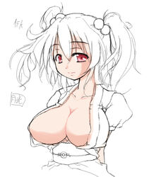 1girls arms_behind_back bangs breasts bust center_opening cleavage collarbone erect_nipples female gekkou_ookami hair_bobbles hair_ornament impossible_opening komachi_onozuka large_breasts looking_at_viewer obi open_clothes open_shirt red_eyes shirt signature simple_background sketch smile solo tied_hair touhou twintails white_background