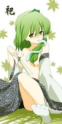 breasts convenient_censoring covering covering_breasts detached_sleeves fan feet female female_only footwear frog green_eyes green_hair hair_over_breasts human ica inaka leaf lowres mountain_of_faith open_clothes open_shirt sanae_kochiya shirt sitting snake socks solo topless touhou