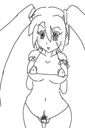 1girls 2d areolae areolae_slip artist_request bangs big_breasts bikini blush blush_lines blush_visible_through_hair eyebrows_visible_through_hair eyes_visible_through_hair female female_only hatsune_miku long_hair monochrome open_mouth pubic_hair simple_background solo twintails vocaloid