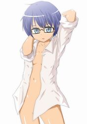 blue_eyes blue_hair bottomless flat_chest glasses hidamari_sketch looking_at_viewer naka navel no_panties open_clothes open_shirt sae shirt short_hair skinny sleeves_rolled_up standing white_background