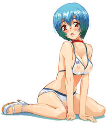 1girls asaki_takayuki bikini blue_hair blush breasts cleavage collar erect_nipples female female_only hair high_heels large_breasts neon_genesis_evangelion posing red_eyes rei_ayanami sandals see-through see-through_swimsuit shoes short_hair simple_background solo swimsuit white_background