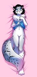 adira_(twokinds) anthro chest_tuft dakimakura_design edit feline female fluffy fluffy_tail front_view fur grey_fur hair hi_res keidran leopard lying mammal nude nude_edit on_back pussy smile snow_leopard solo spots spotted_fur tom_fischbach tuft twokinds white_fur