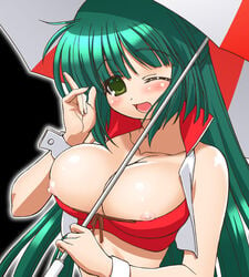 cuffs gambler_club green_eyes green_hair hidamari_sketch long_hair nipple_slip nipples umbrella wink wrist_cuffs yoshinoya