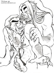 2boys bara black_and_white body_hair gay gay_anal gay_sex grom_hellscream hand_on_penis long_hair looking_at_partner looking_back male male/male male_only male_penetrated male_penetrating multiple_males muscular muscular_male nails nude nude_male old_art orc orc_(warcraft) orc_male pierced_nipples pointed_ears six_pack tailbone thick_eyebrows thrall tusks warcraft yaoi