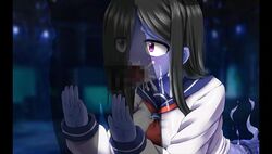 1boy black_hair blue_skin blush censored cum fellatio female ghost ghost_girl long_hair monster_girl penis purple_eyes tokyo_devil_prison tokyo天魔デビルプリズン