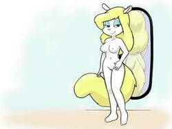 animaniacs anthro barefoot breasts color female female_only front_view fur furry minerva_mink mink mirror nipples otama smile solo standing tagme vulva white_fur