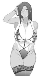 adjusting_hair anegawa_eiji areola_slip cleavage cowboy_shot eenui334 female huge_breasts lingerie long_hair monochrome solo standing tanline tanned white_background